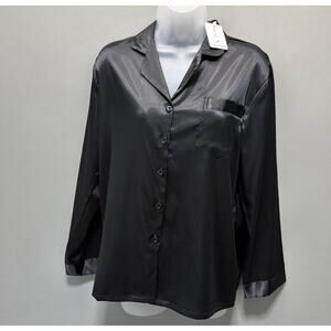 SWOMOG Womens Pajamas Top Silky Satin Sleepwear Long Sleeve Small Black
